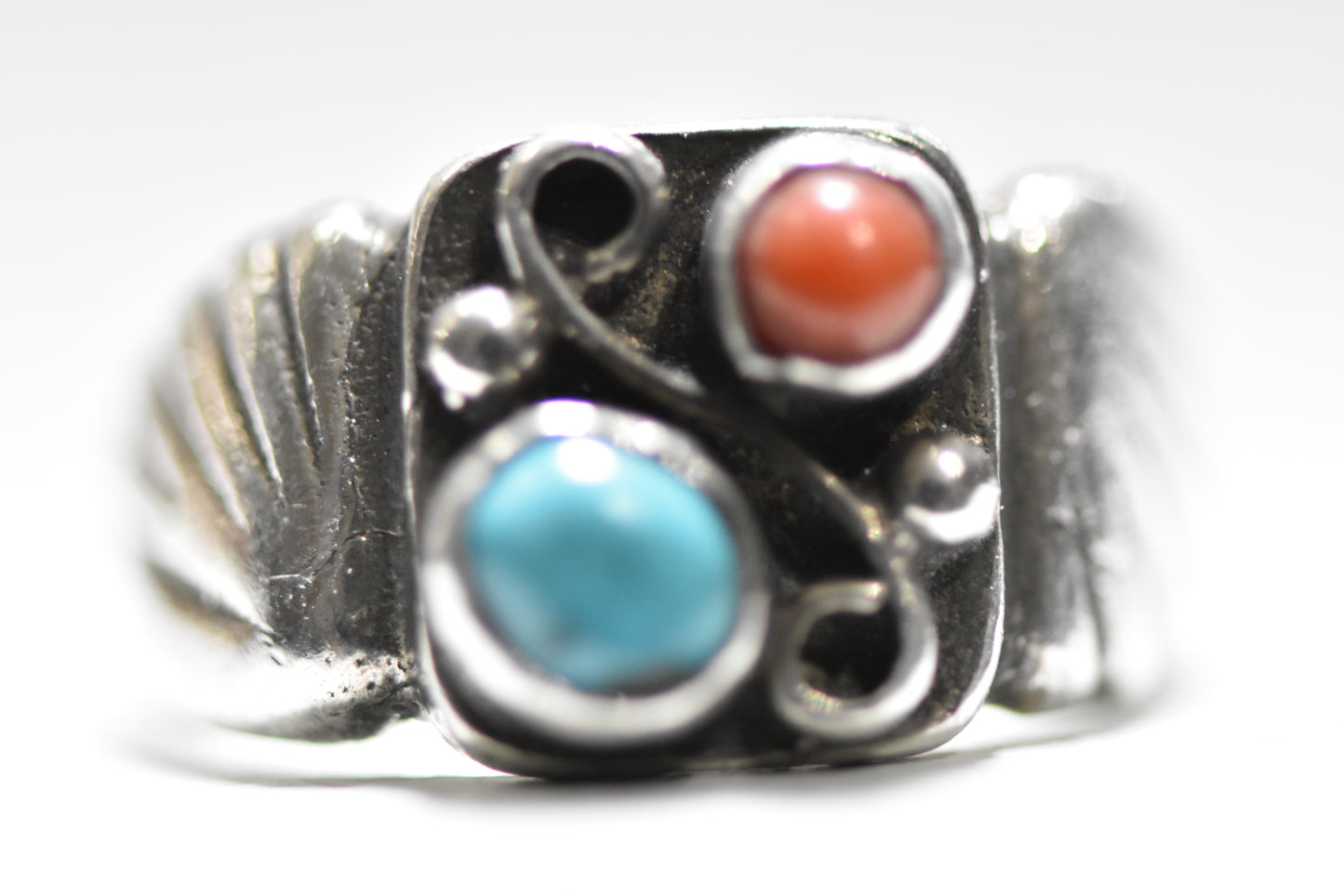 Navajo ring turquoise coral sterling silver thumb women men  Size 9.25