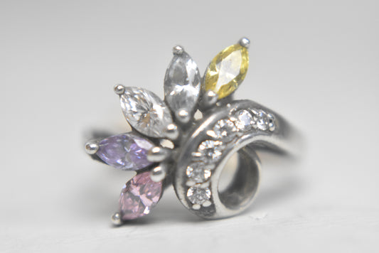 flower ring pastel crystals Art Deco cocktail sterling silver pinky prom women size 5.75