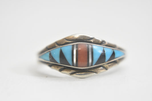 Zuni ring turquoise onyx coral band  sterling silver thumb band women girls   Size 9.50