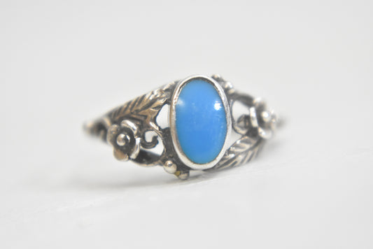 Turquoise ring flowers solitaire band sterling silver thumb band women girls   Size   6.50