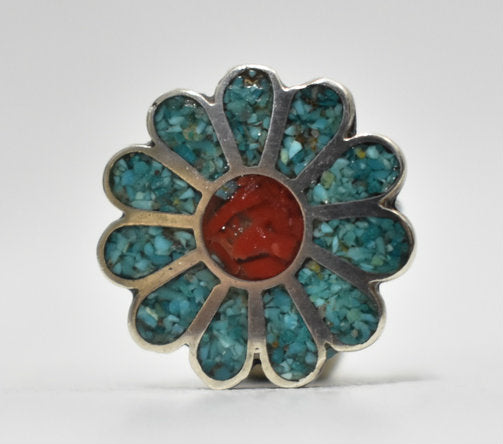 Zuni Ring Flower Turquoise Coral Chips Sterling Silver Size 6