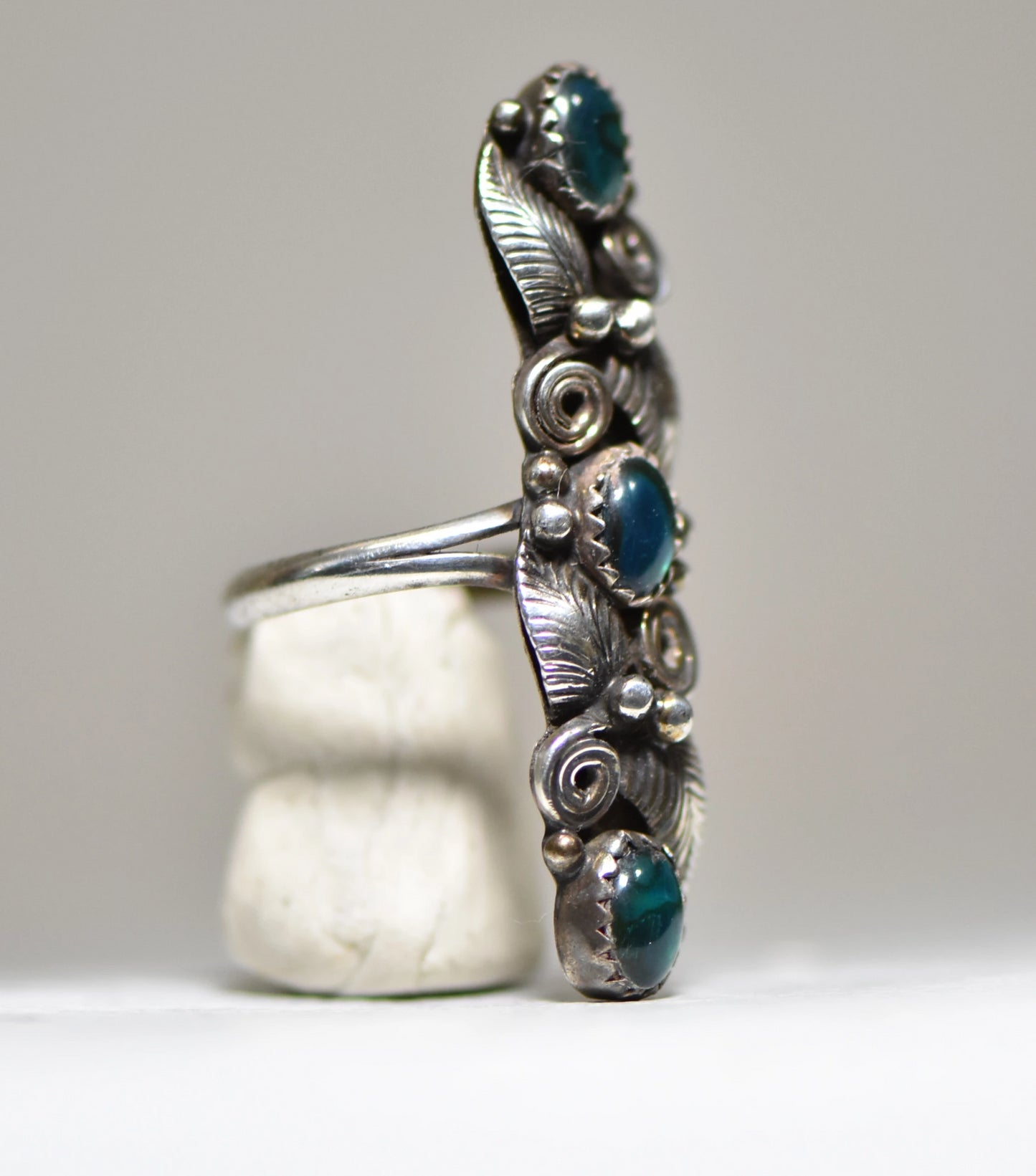 Navajo ring long abalone feather floral spiral design sterling silver