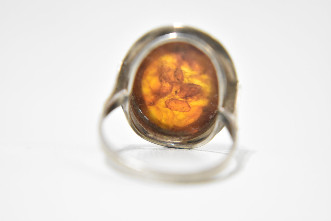 Amber Ring Vintage Sterling Silver Art Deco influences Size  8