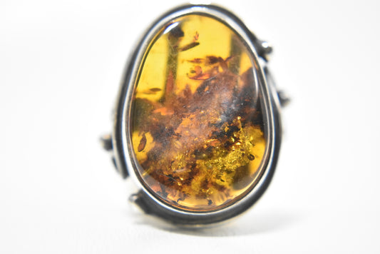 Amber Ring Vintage Sterling Silver  Art Deco Size 7.75