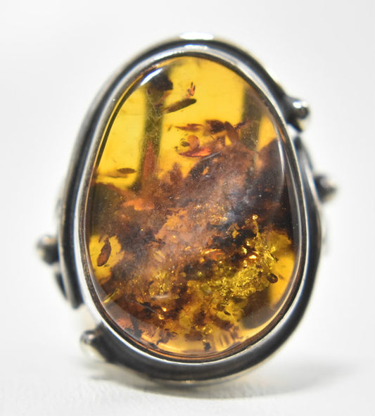 Amber Ring Vintage Sterling Silver  Art Deco Size 7.75