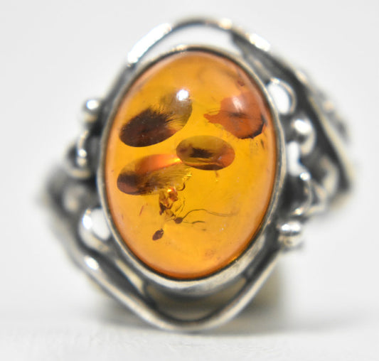 Amber Vintage Ring with Flower Leaves Art Deco Size 8