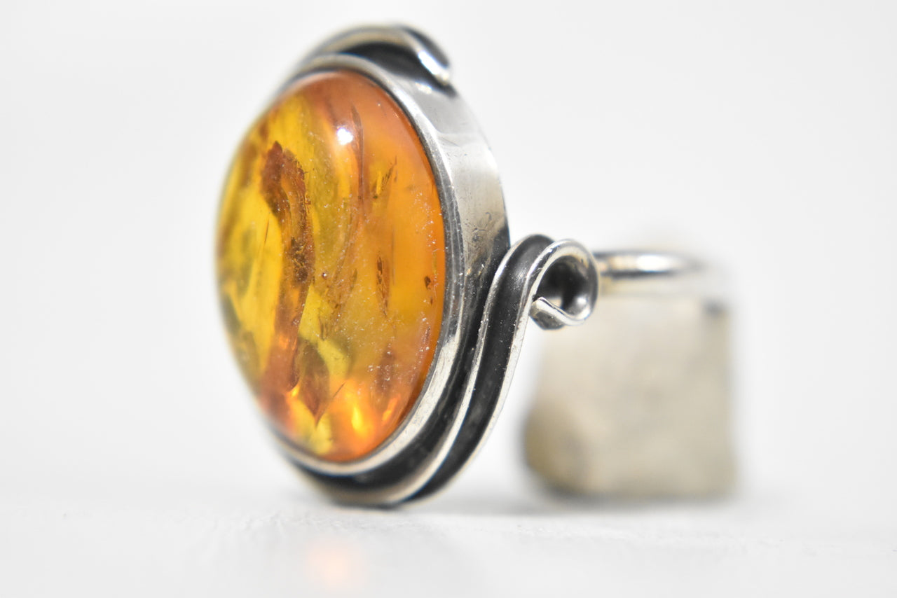 Amber Ring Vintage Art Deco Sterling Silver Ring Size 8.50