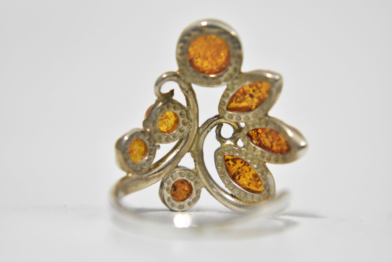 Amber Ring Vintage Sterling Silver Flower Size 6