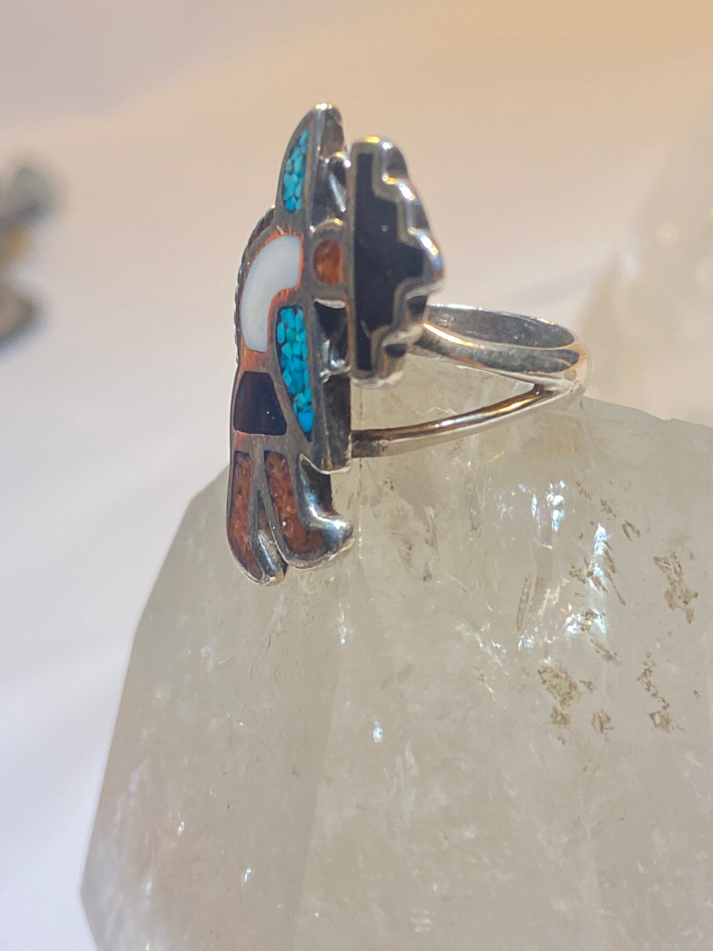 Kachina ring size 5.25 onyx turquoise coral chips  Navajo sterling silver band southwest