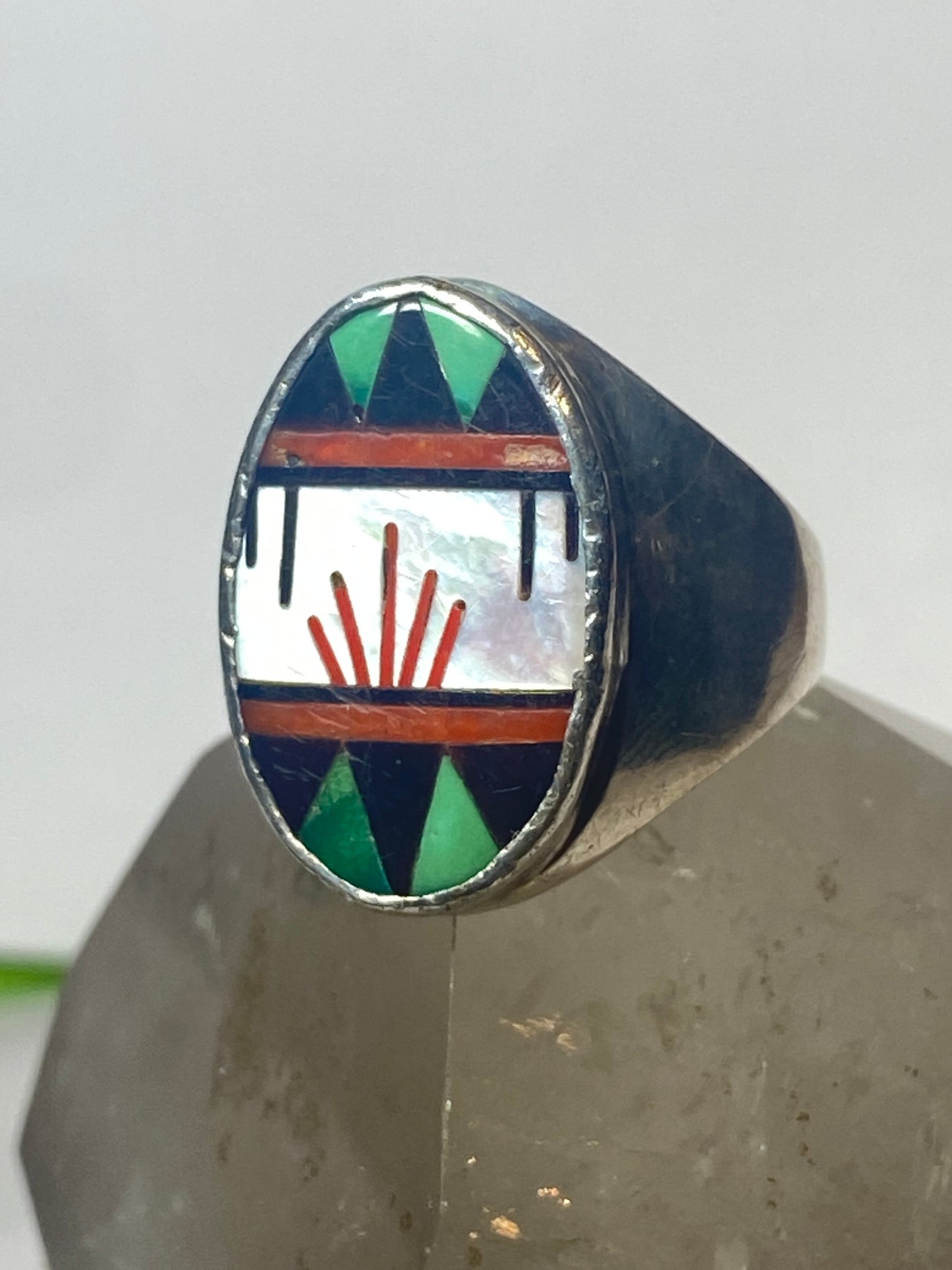 Turquoise ring Zuni mother of pearl onyx coral inlay sterling silver women men