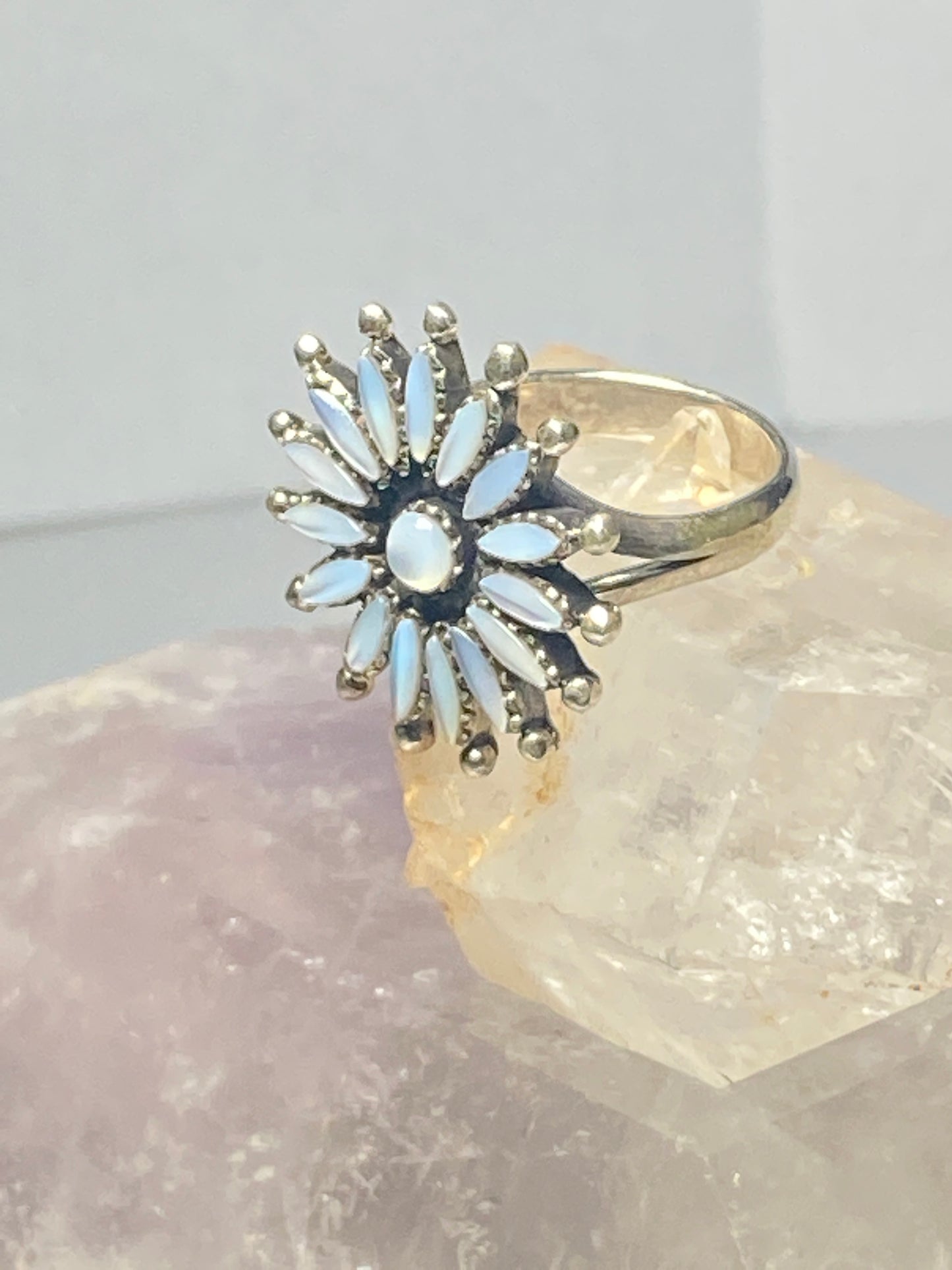 Flower ring mother of pearl petite point sterling silver women girls