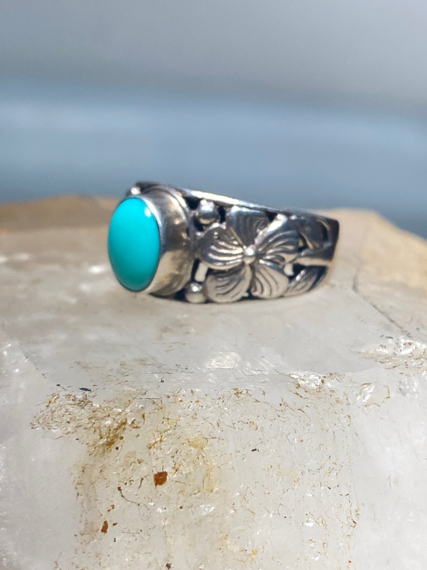 Turquoise ring size 7 floral band  sterling silver women girls