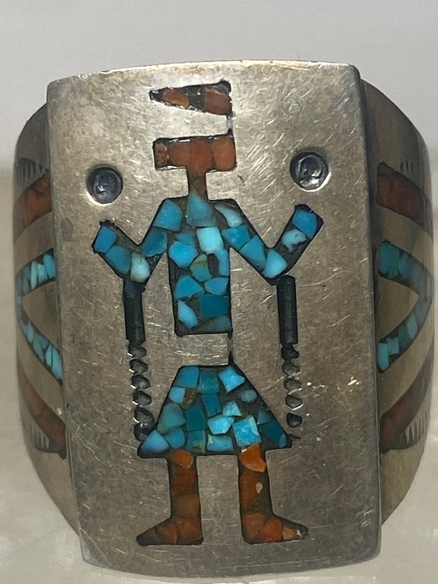 Kokopelli  ring size 11.75 Navajo turquoise coral chips southwest sterling silver women men