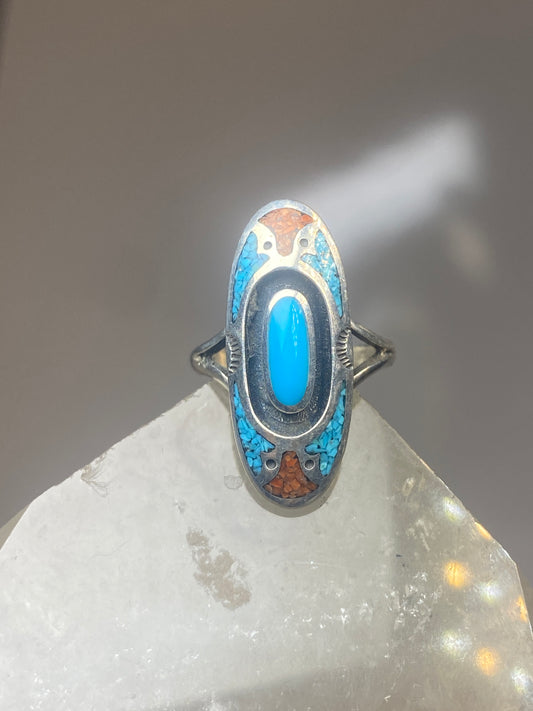 Turquoise ring size 4.75 coral chips southwestern sterling silver women