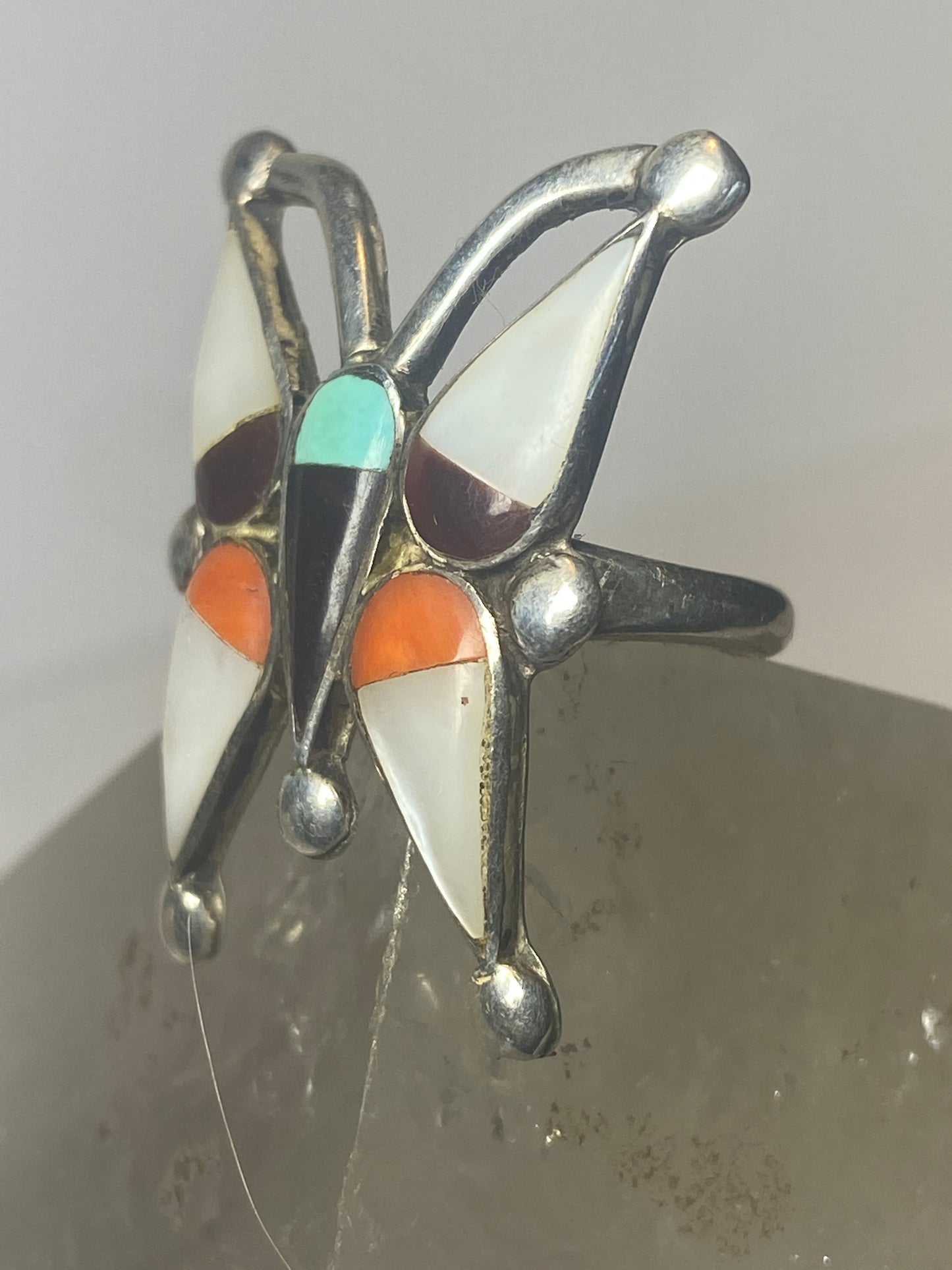 Butterfly ring size 6 turquoise Zuni mother of pearl coral onyx southwest sterling silver women