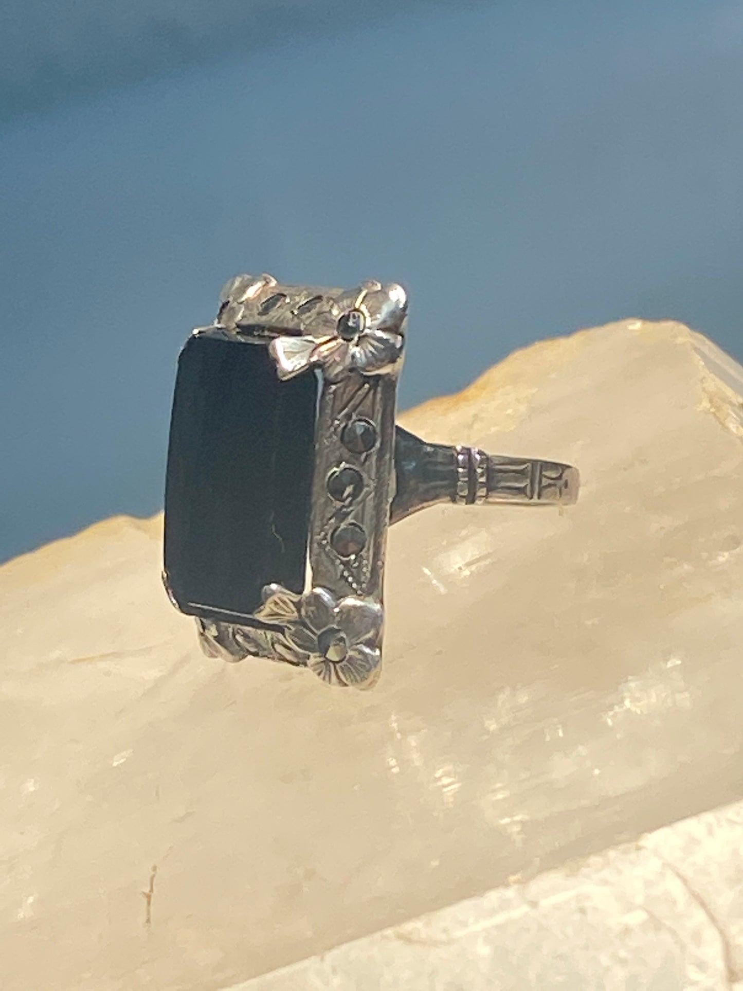 Onyx ring size 4.25 Art Deco marcasites mourning pinky sterling silver women