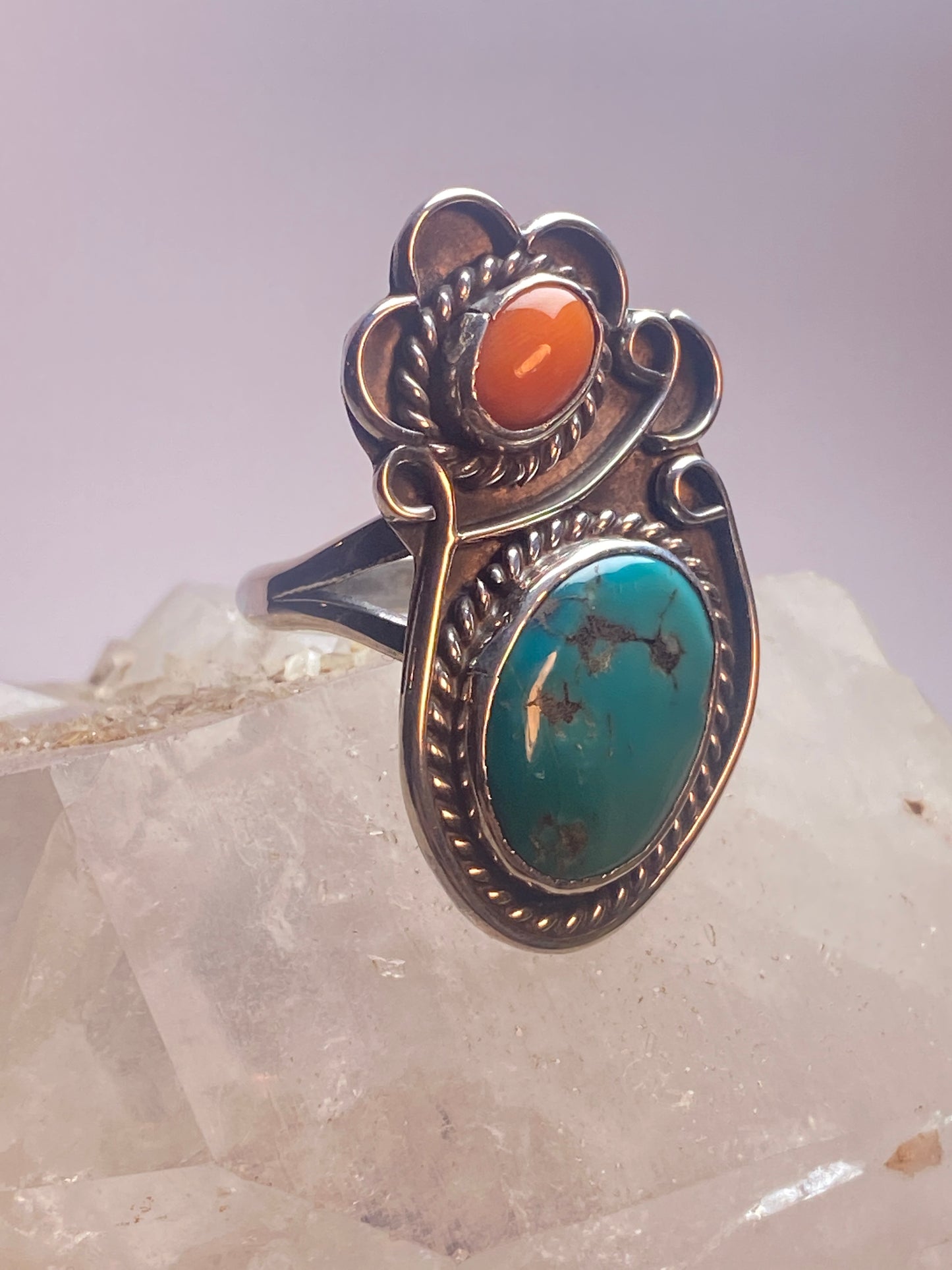 Turquoise ring size 10 Navajo coral southwest sterling silver women girls