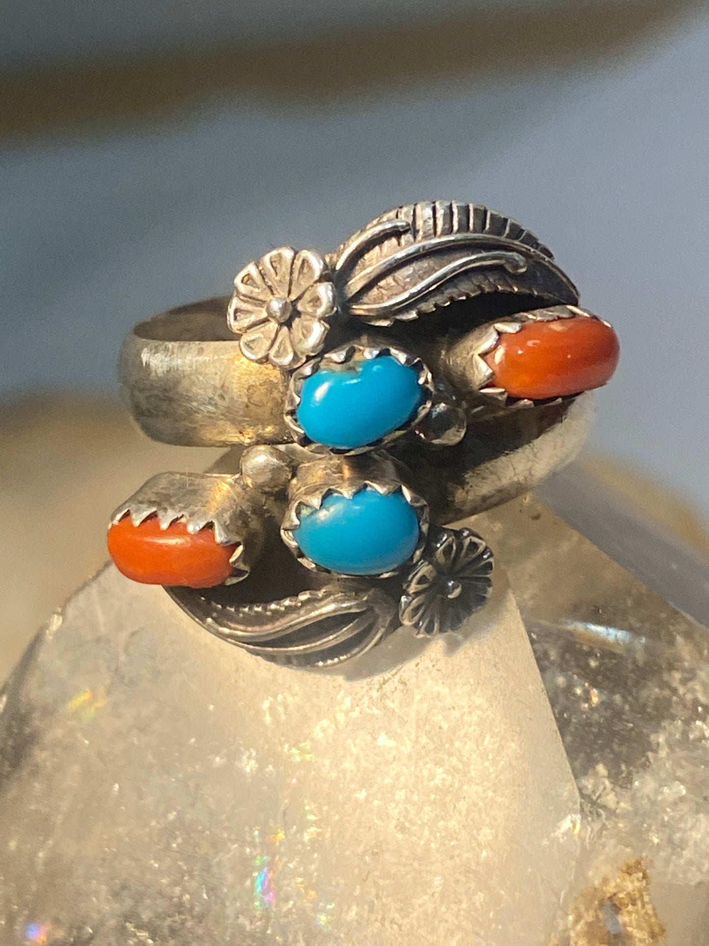 Turquoise ring coral Navajo  southwest sterling silver women girls