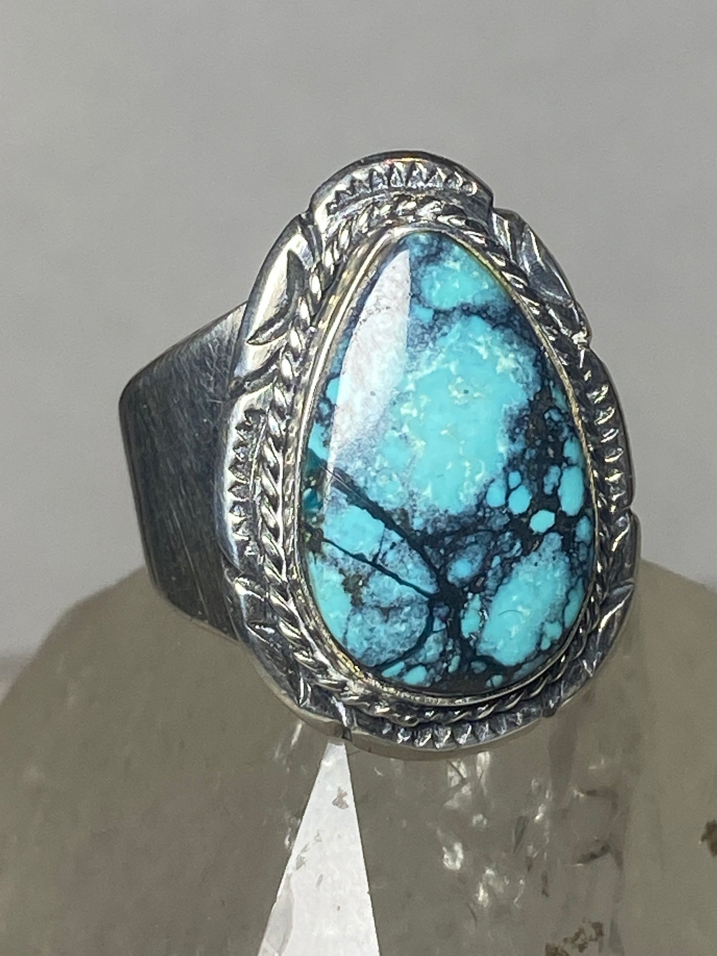 Turquoise ring Teardrop boho band sterling silver men women