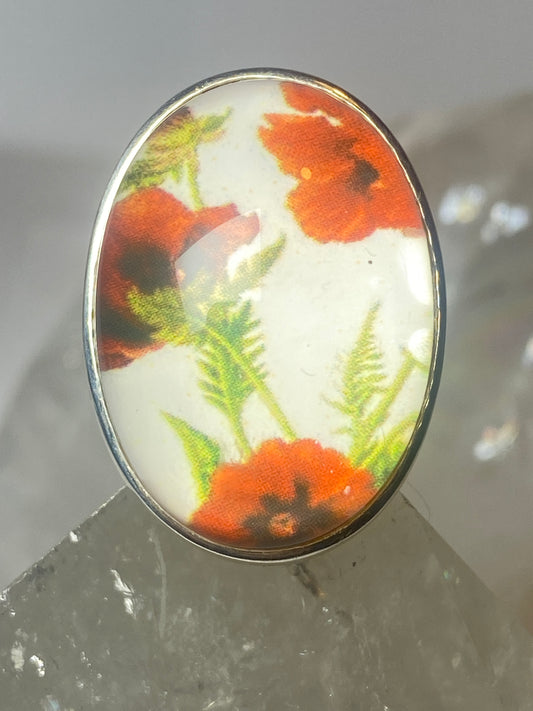 Flower ring painted floral glass sterling silver women