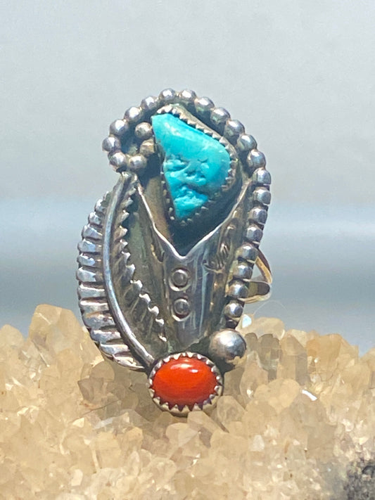 Turquoise ring size 5 coral long Navajo flower sterling silver southwest women girls