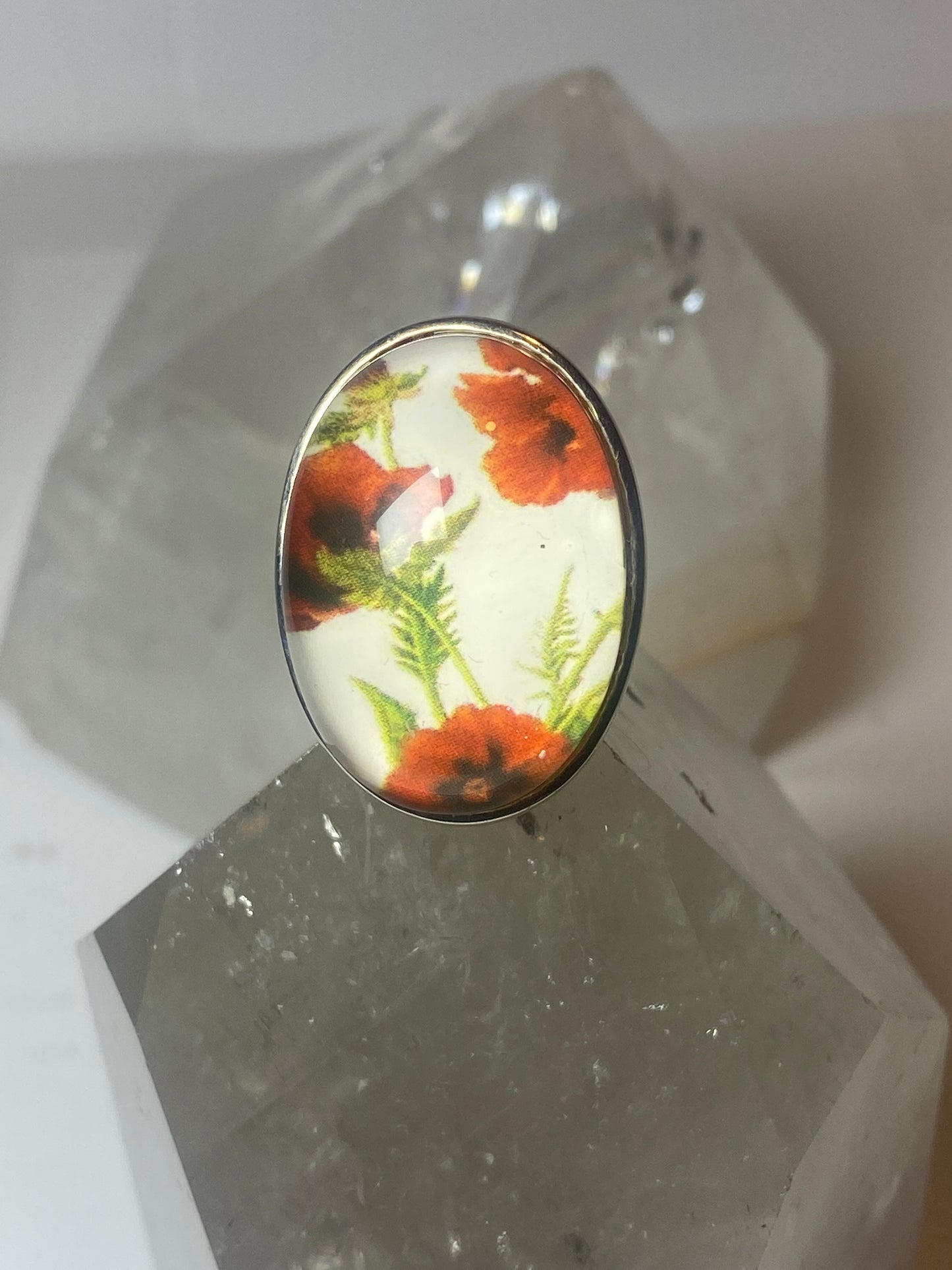 Flower ring painted floral glass sterling silver women