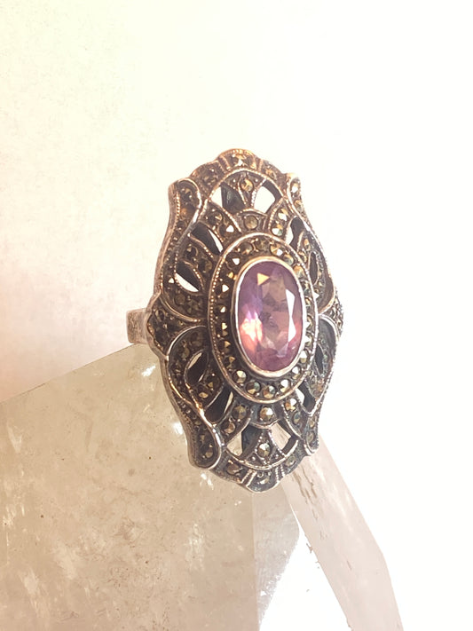 Long Amethyst ring size 7.25 Art Deco style marcasites sterling silver women girl