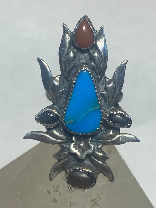Turquoise ring long southwest floral sterling silver women