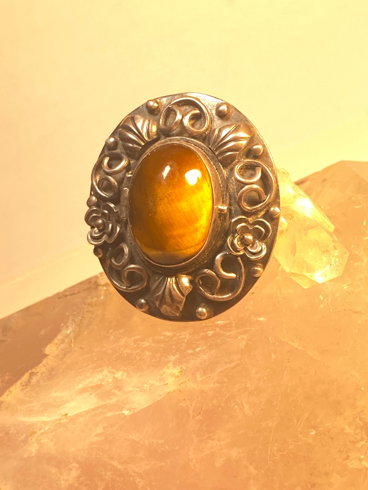Poison ring Tiger Eye floral flowers sterling silver women