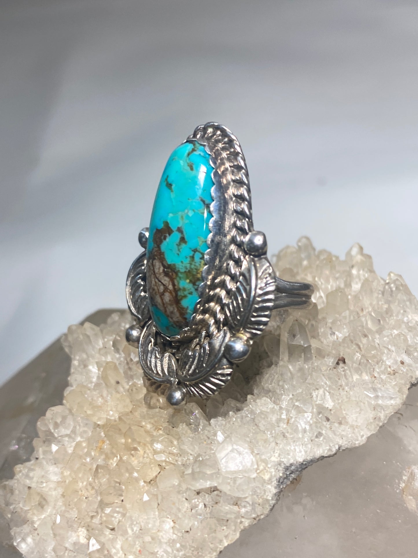 Turquoise ring long Navajo feathers  band sterling silver women girls