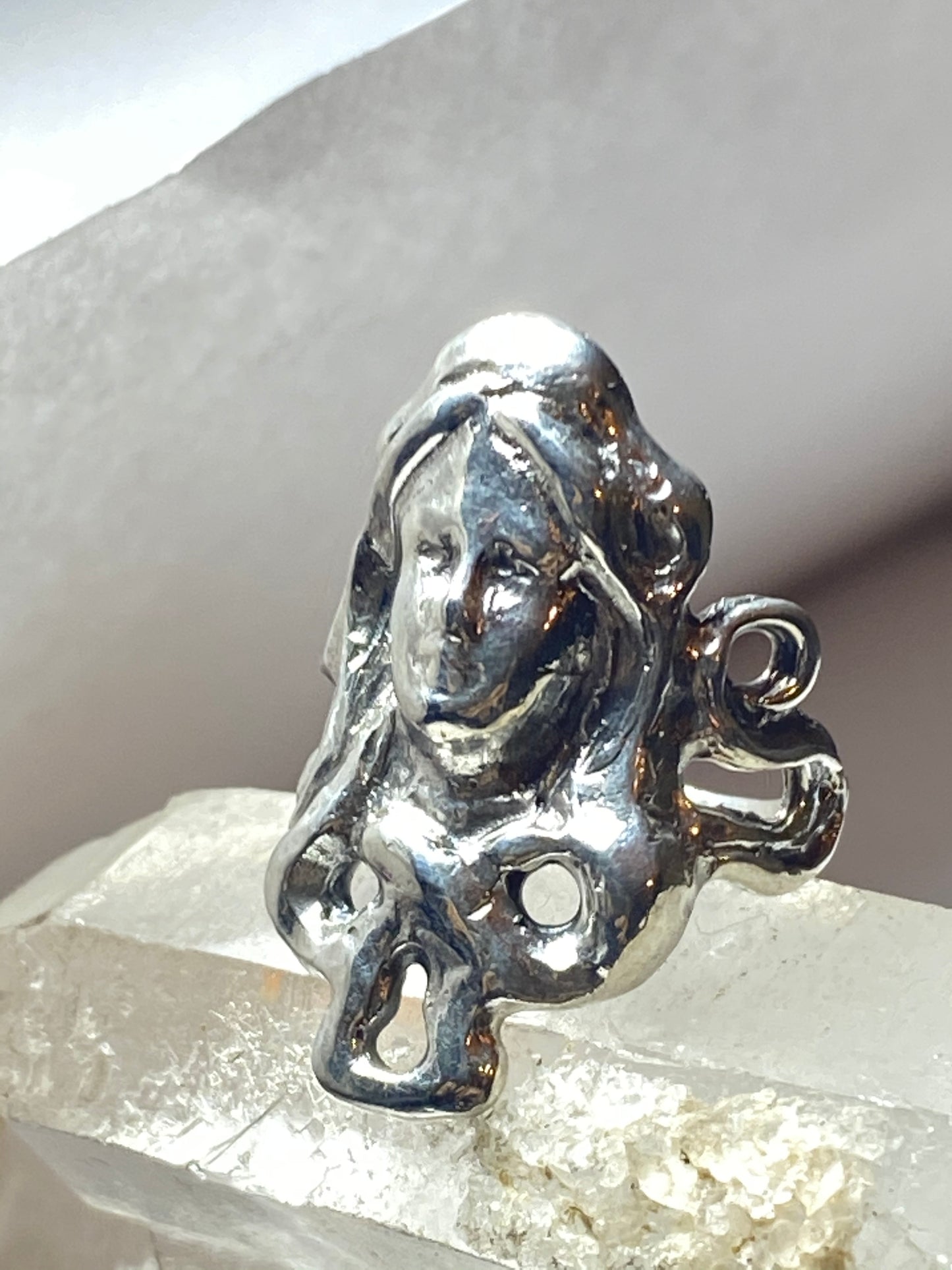 Face ring with long hair art deco influences sterling silver