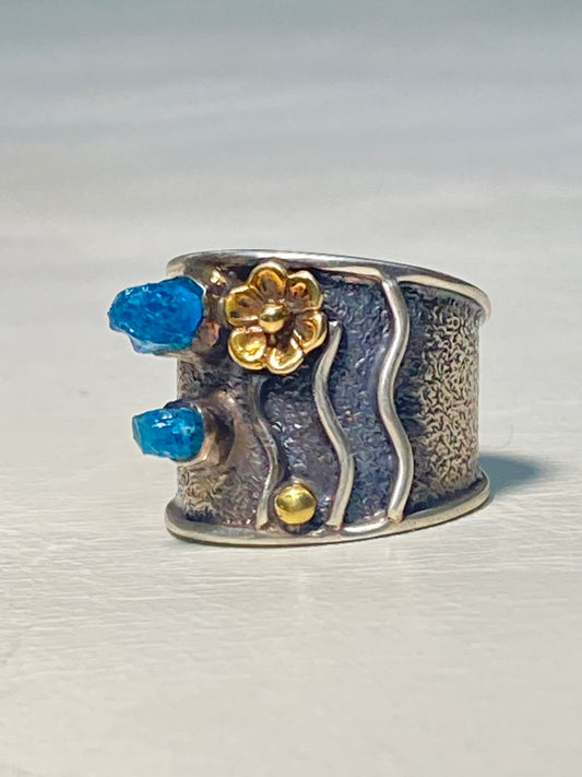 Floral Ring cigar band boho blue crystal quartz sterling silver women girls
