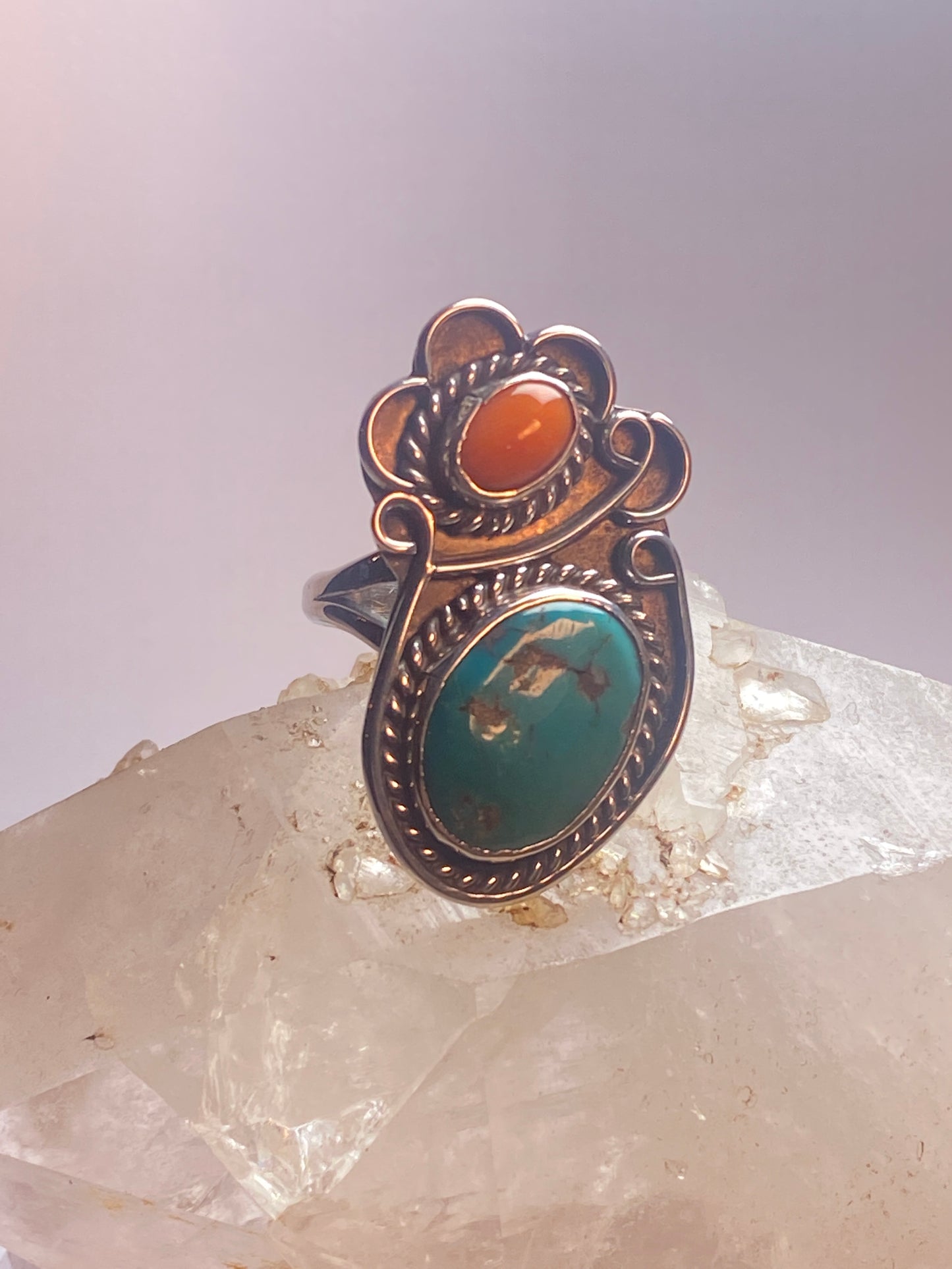 Turquoise ring size 10 Navajo coral southwest sterling silver women girls