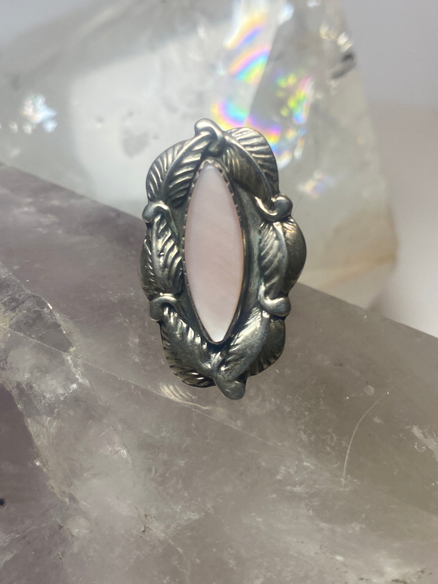 long mother of pearl ring leaves Navajo sterling silver women  girls