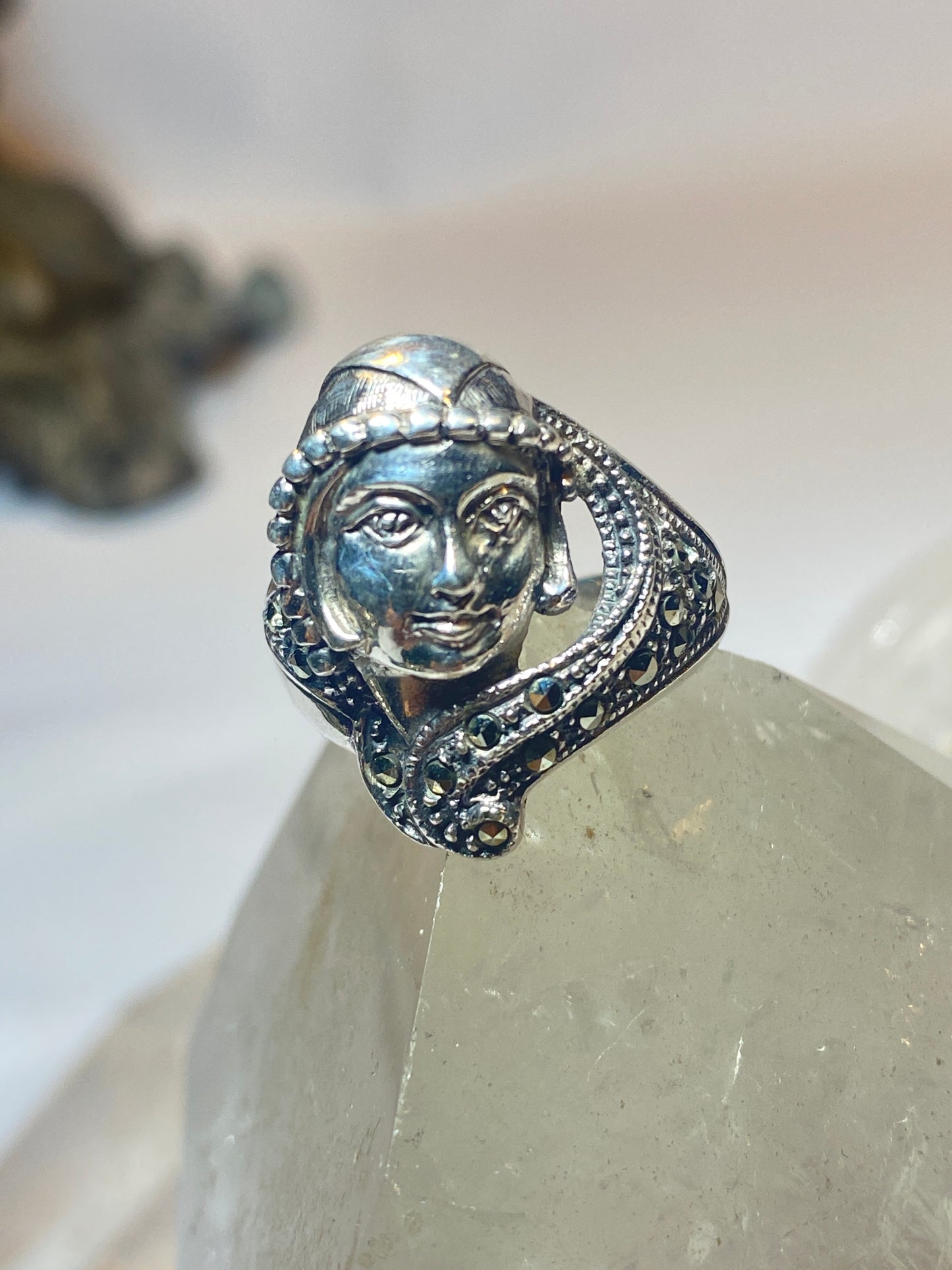 Lady face ring size 7.25 art deco marcasites  band sterling silver women