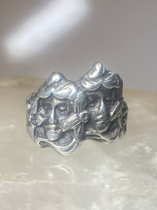 Faces ring size 5.75 Art Deco figurative band  sterling silver