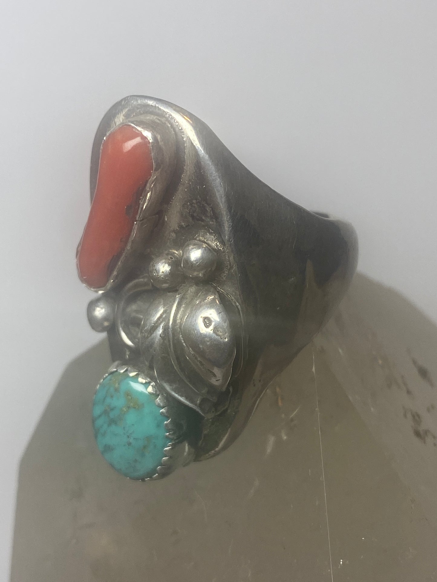 Navajo ring turquoise coral band sterling silver women men Size 10.75