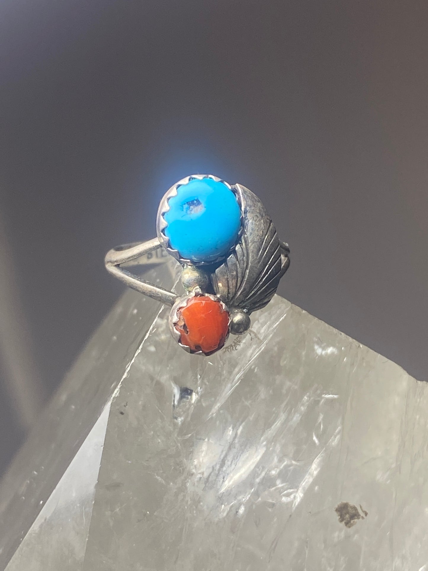 Coral turquoise Ring southwest pinky sterling silver women girl tr