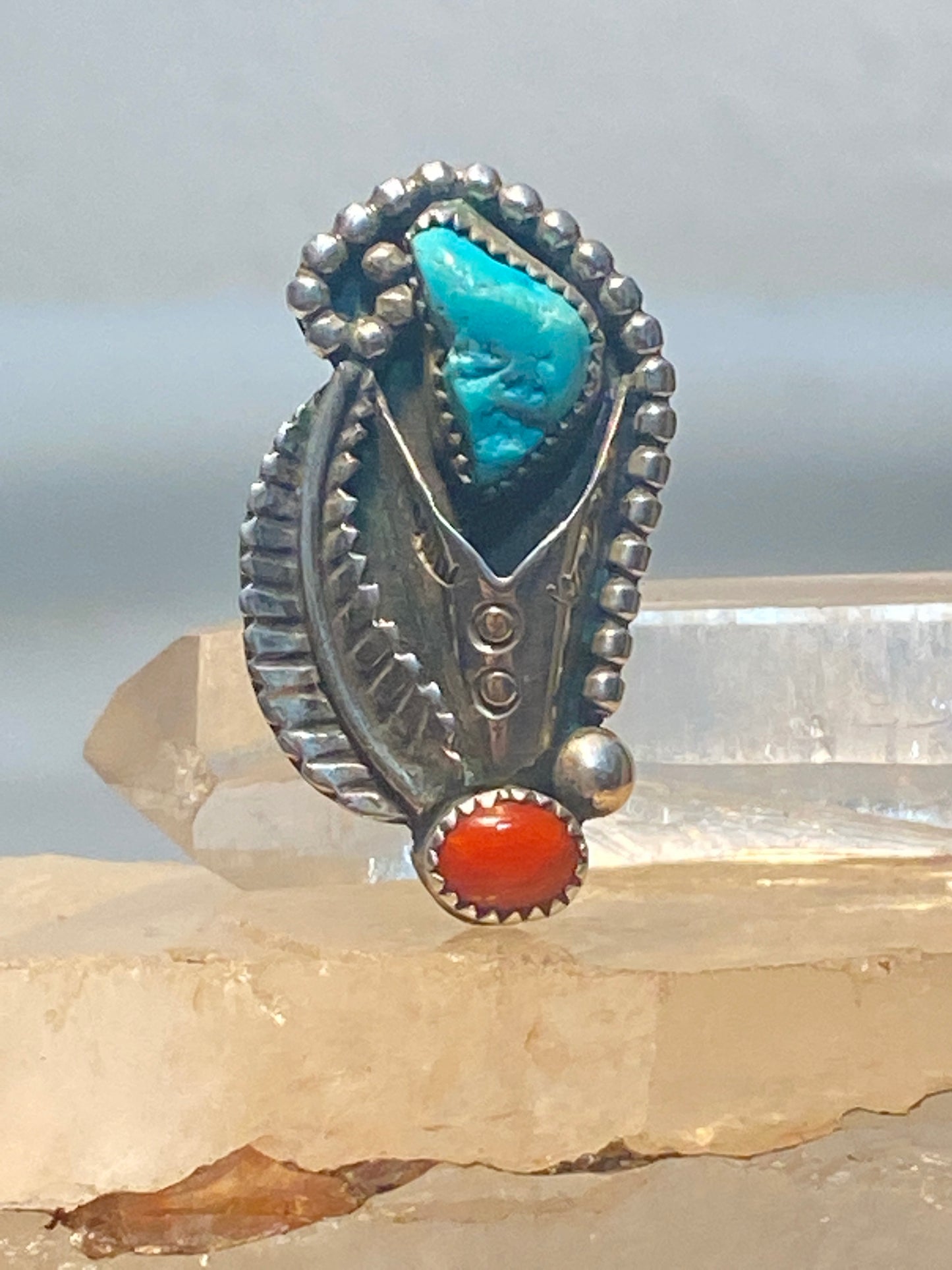 Turquoise ring size 5 coral long Navajo flower sterling silver southwest women girls