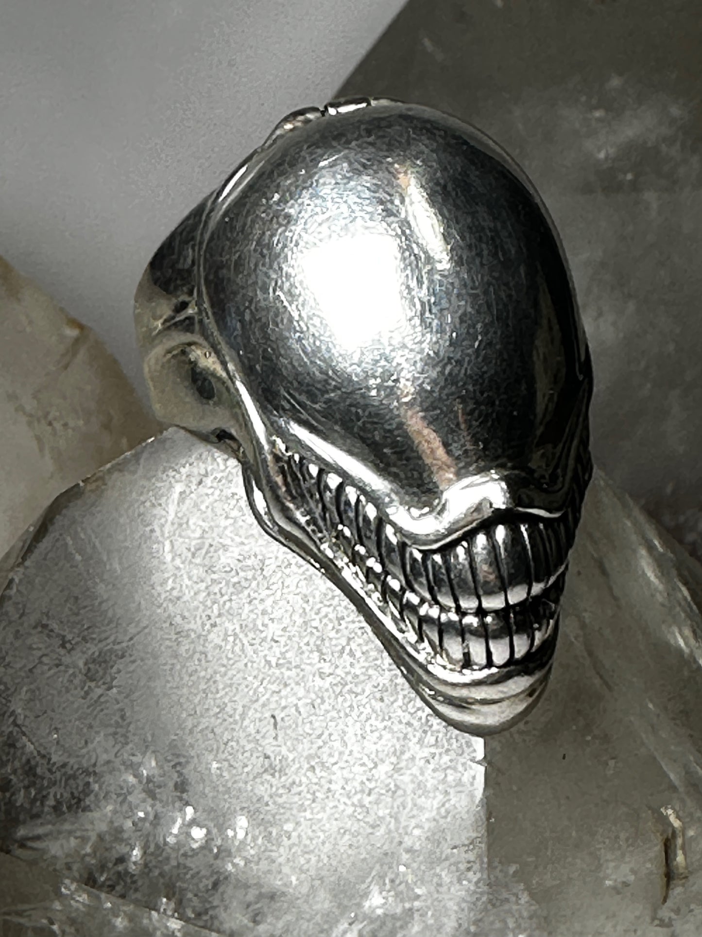 Faceless Skull ring poison biker band with teeth size 15 sterling silver men