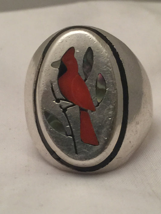 Vintage Sterling Silver Coral & Abalone Inlay  Ring  Southwestern Tribal  Size 12 Weight 26.4g