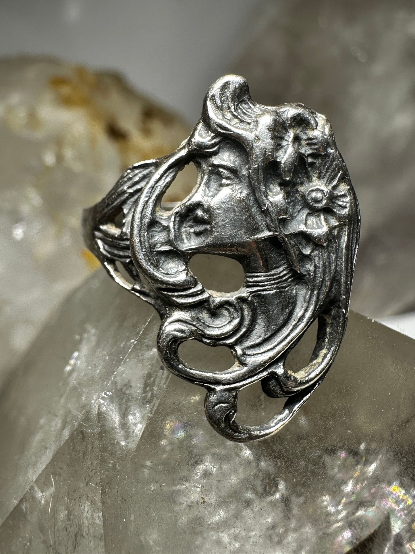 Lady Face ring size 7.75 Art Deco sterling silver women