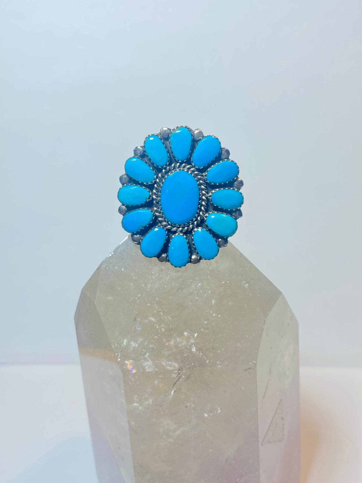 Turquoise ring Flower big southwest sterling silver women