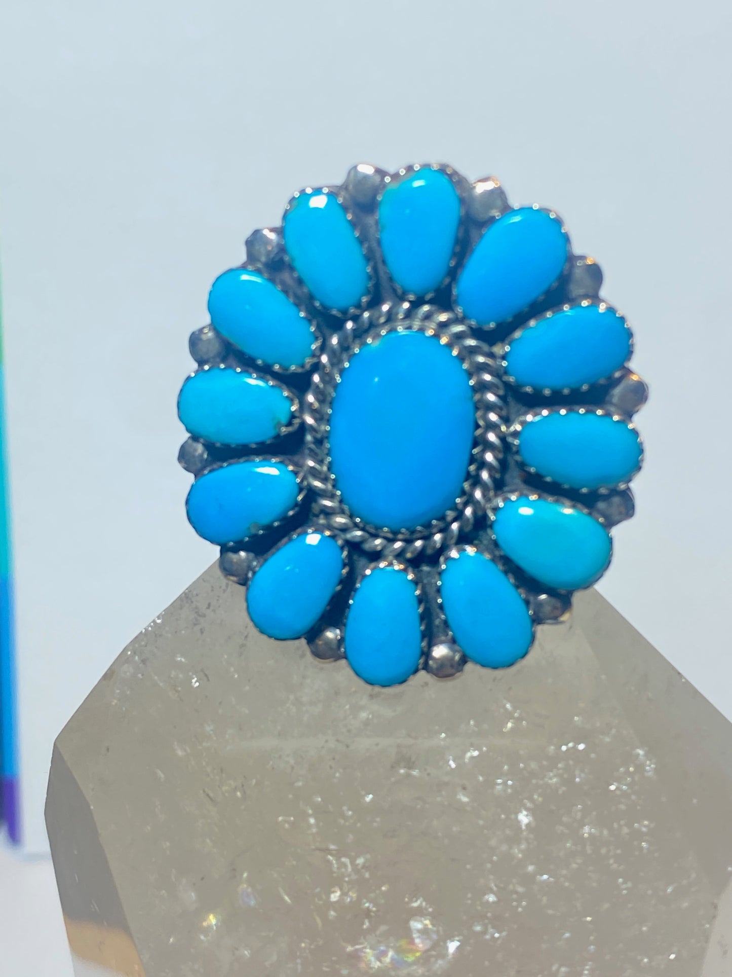 Turquoise ring Flower big southwest sterling silver women