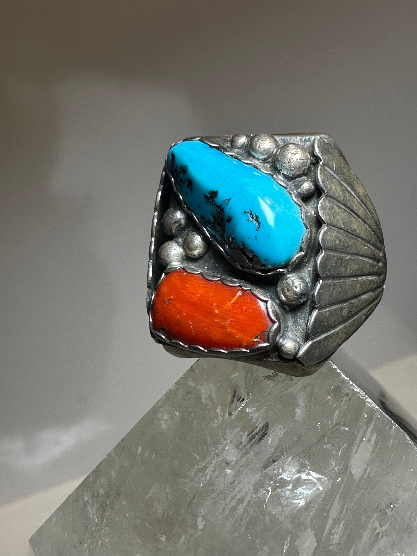 Navajo ring size 10.75 turquoise coral band sterling silver men women