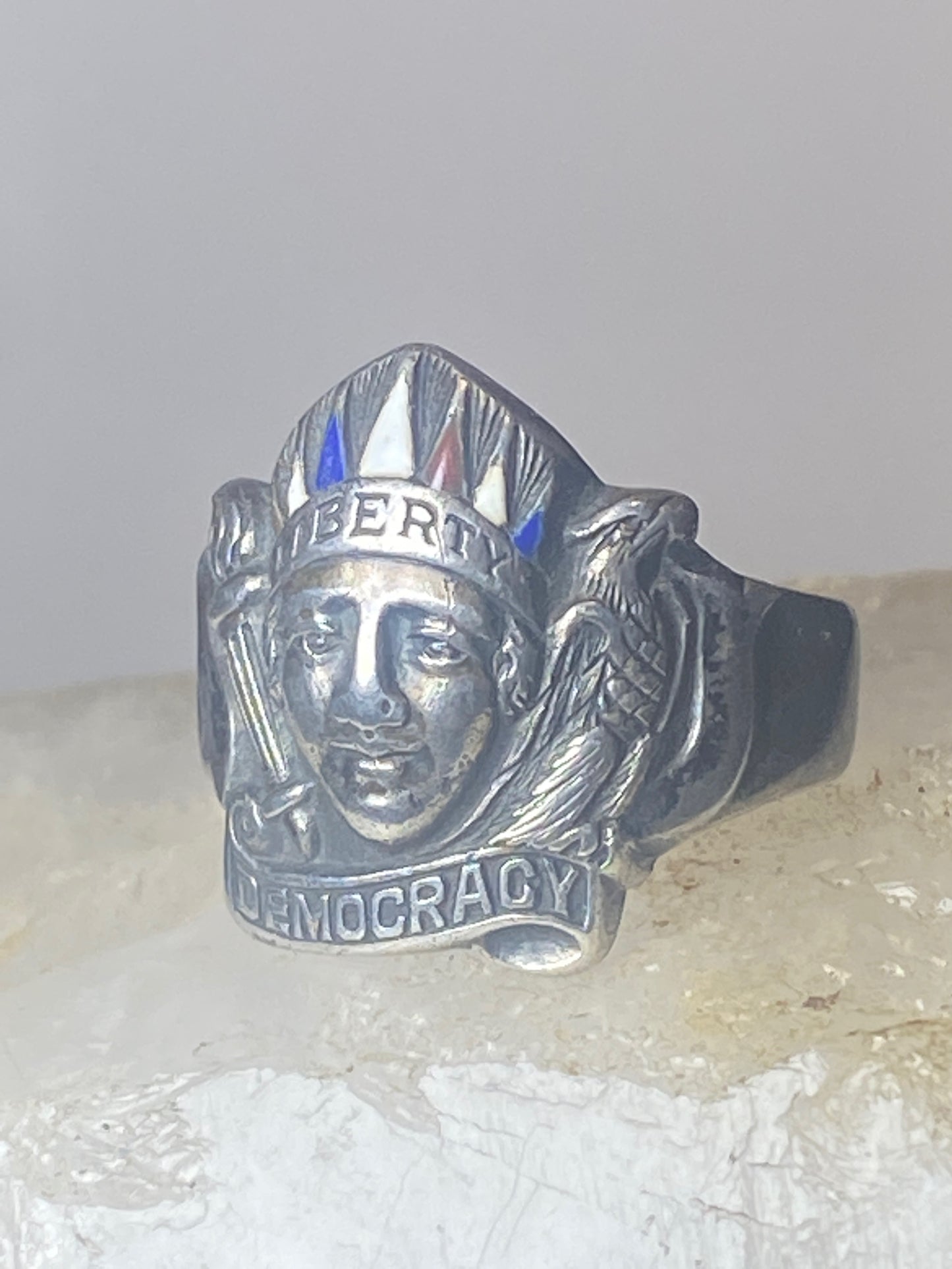 1938 Liberty Democracy Ring size 9.75 Samuel Jaffe Patent sterling silver