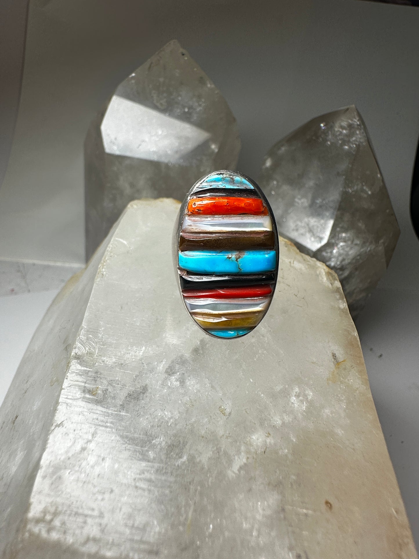 Navajo ring cobblestone turquoise onyx coral mop size 10.25 sterling silver women men