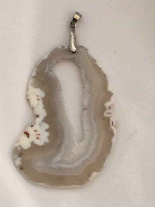 Large Agate Slice Pendant Amoeba shaped w White/Grey Colors