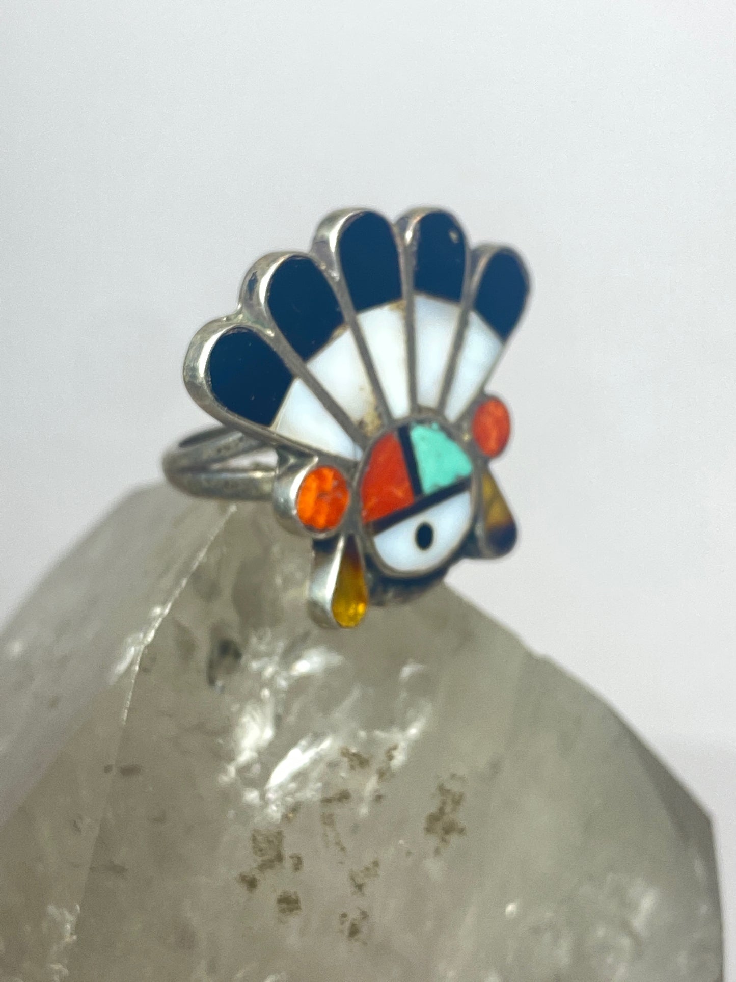 Sun face ring coral turquoise onyx Zuni pinky sterling silver women girls