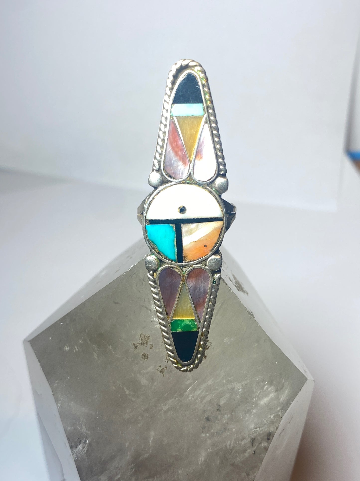 Sun face ring long turquoise onyx mother of pearl Zuni pinky sterling silver women